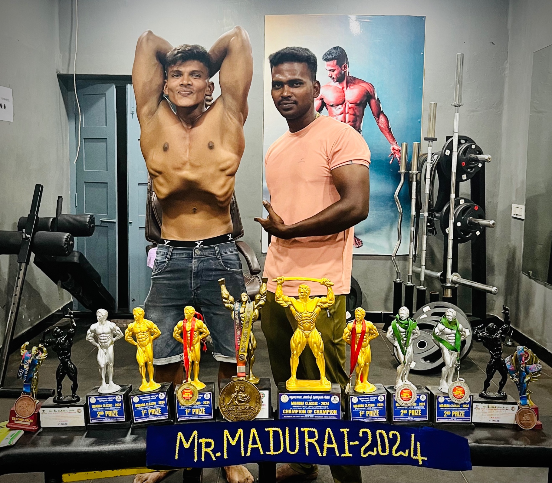 Jeya Surya with his Mr. Madurai 2024 trophies