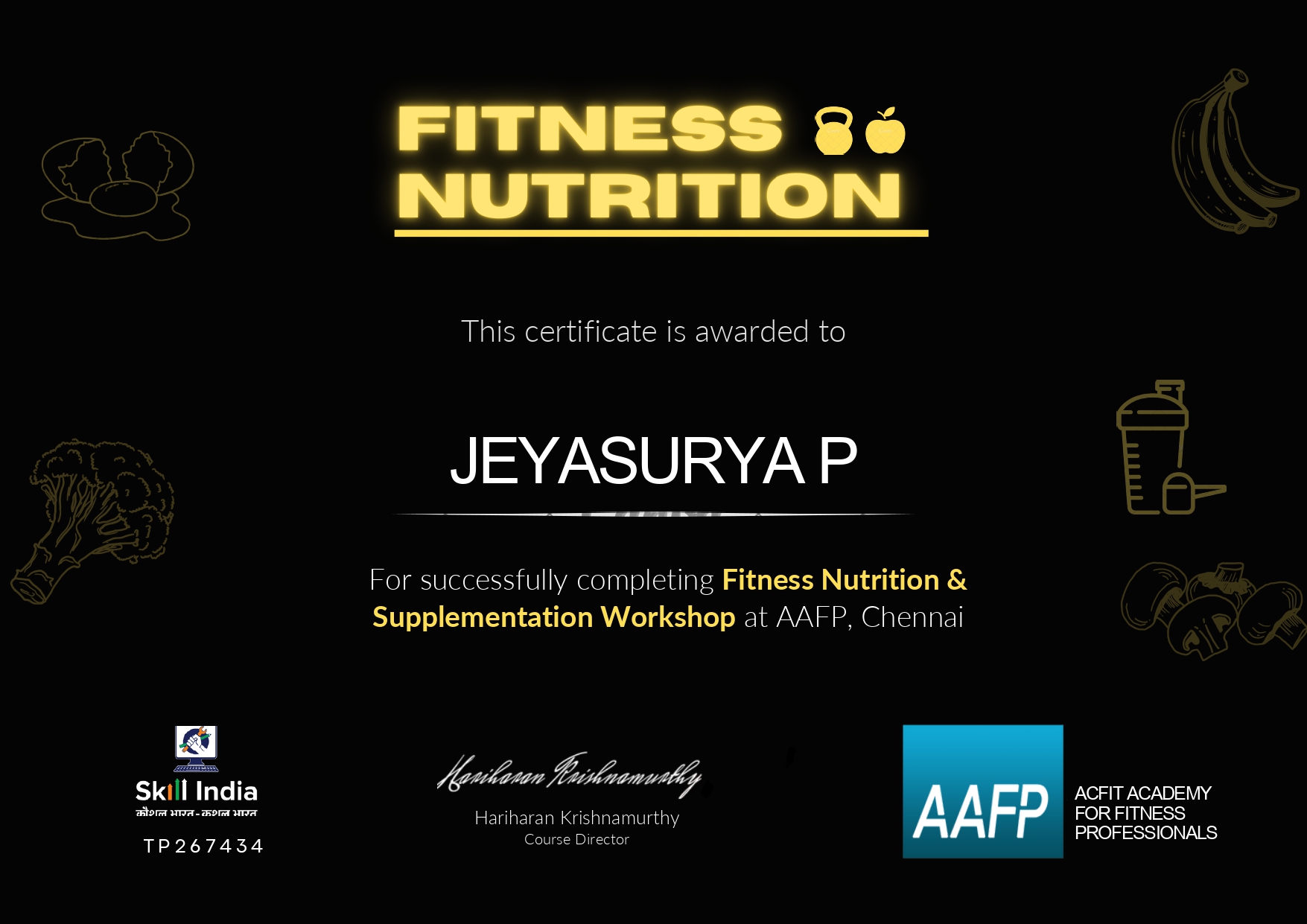 Fitness Nutrition & Supplementation — AAFP certificate awarded to Jeya Surya