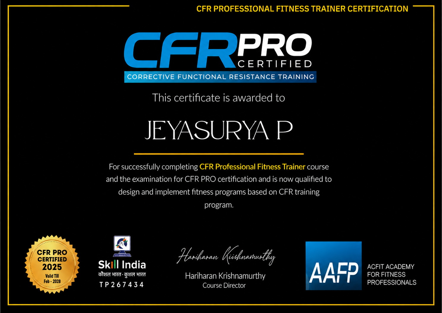 CFR Pro Certified — AAFP, Chennai certificate awarded to Jeya Surya